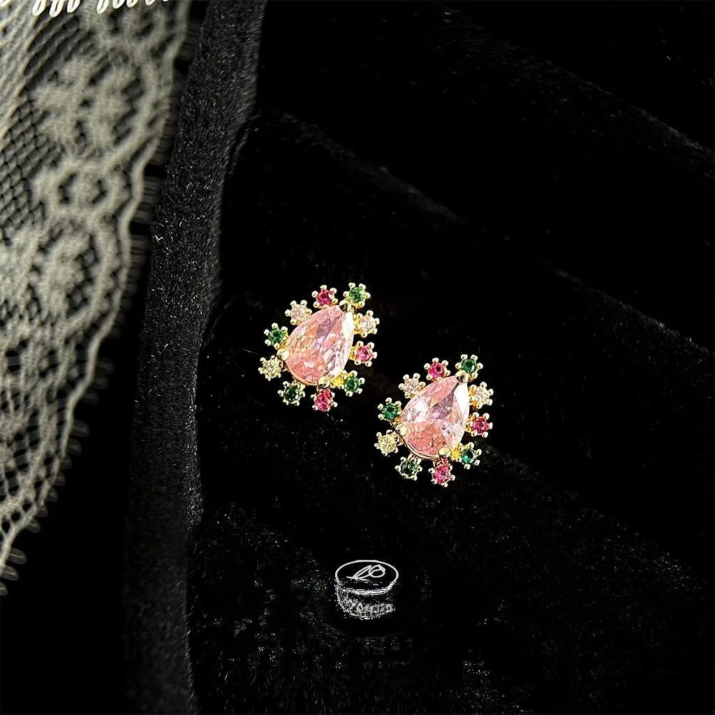 Sweet Colorful Micro Pave Zircon Waterdrop Stud Earrings, Copper Floral Teardrop Design
