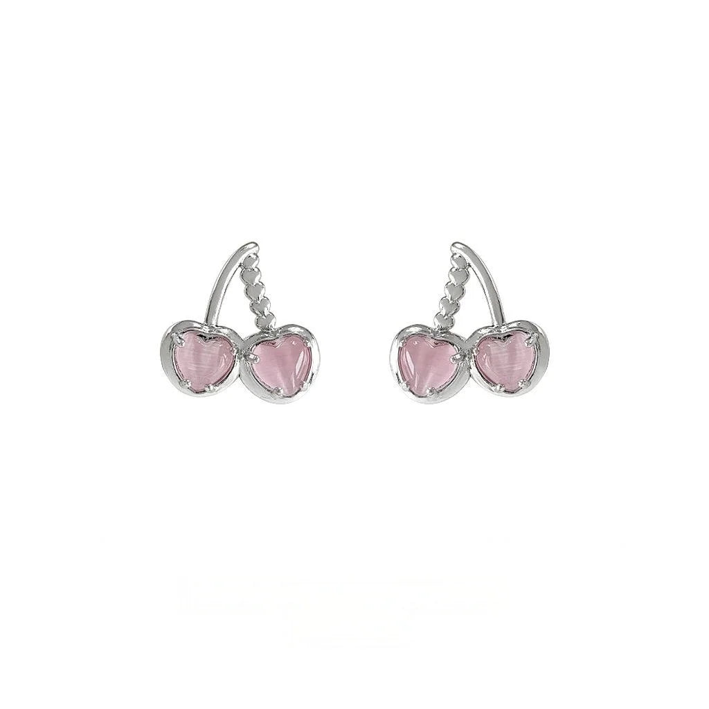 Sweet Cool Pink Glass Cat Eye Stone Cherry Stud Earrings Silver Plated Pins For Women