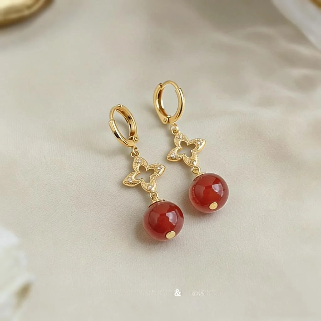Vintage Palace Style Red Agate Zircon Copper Geometric Round Drop Earrings