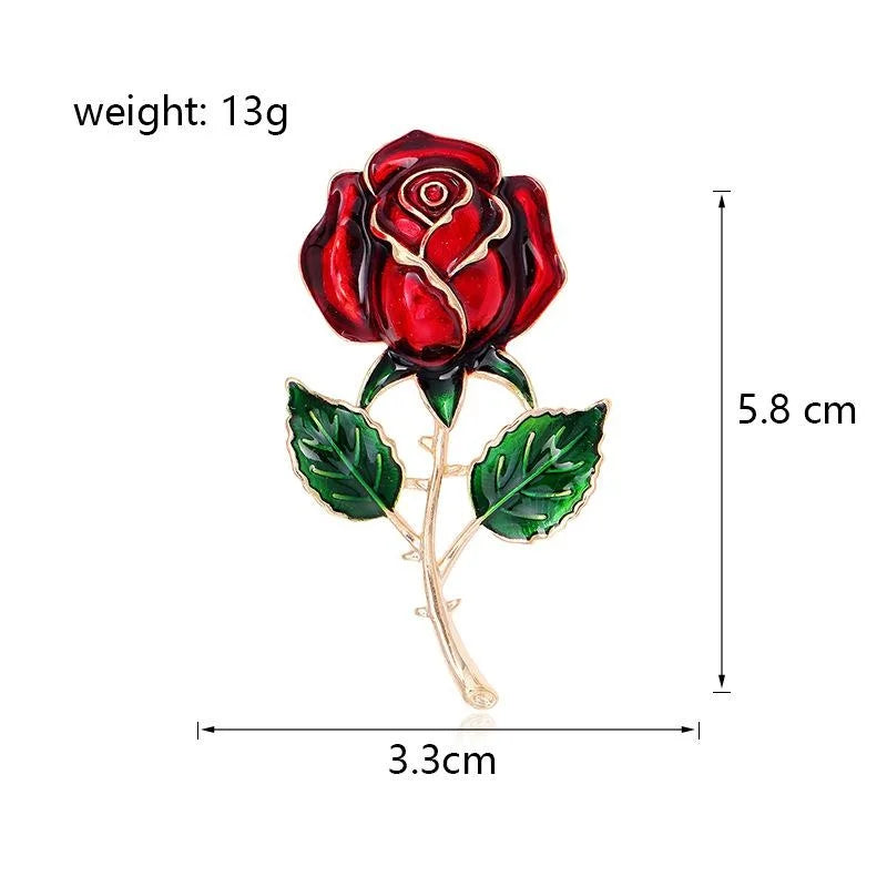 Elegant Red Enamel Rose Flower Brooch With Gold Tone Alloy Stem And Green Leaves Lapel Pin Gift