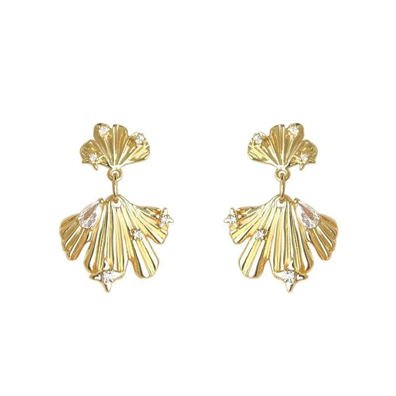 14K Silver Plated Copper Ginkgo Leaf Drop Earrings With Micro Pave Zircon Vintage Floral Jewelry
