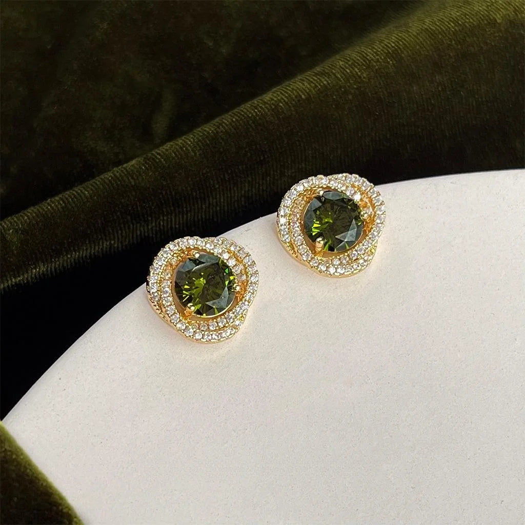 French Vintage Olive Green Micro Pave Zircon Stud Earrings Round Geometric Woven Design