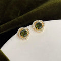 French Vintage Olive Green Micro Pave Zircon Stud Earrings Round Geometric Woven Design