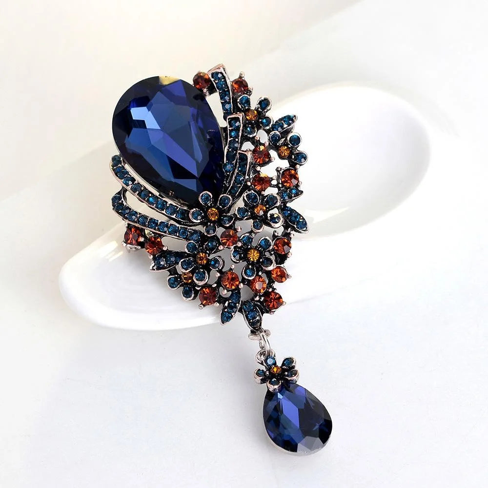 Elegant Blue Teardrop Rhinestone Peacock Flower Alloy Brooch Pin With Glass Drop, Women's Lapel Corsage Gift