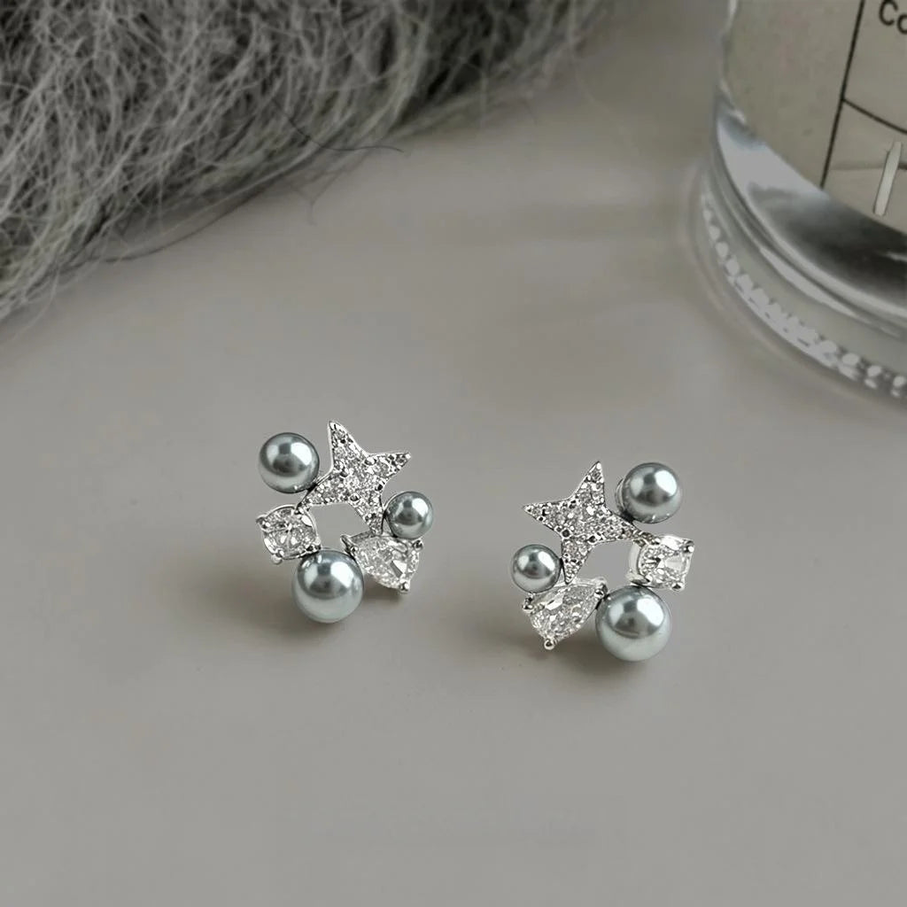 Micro Pave Zircon Six-Point Star Pearl Copper Stud Earrings Premium Minimalist Workwear