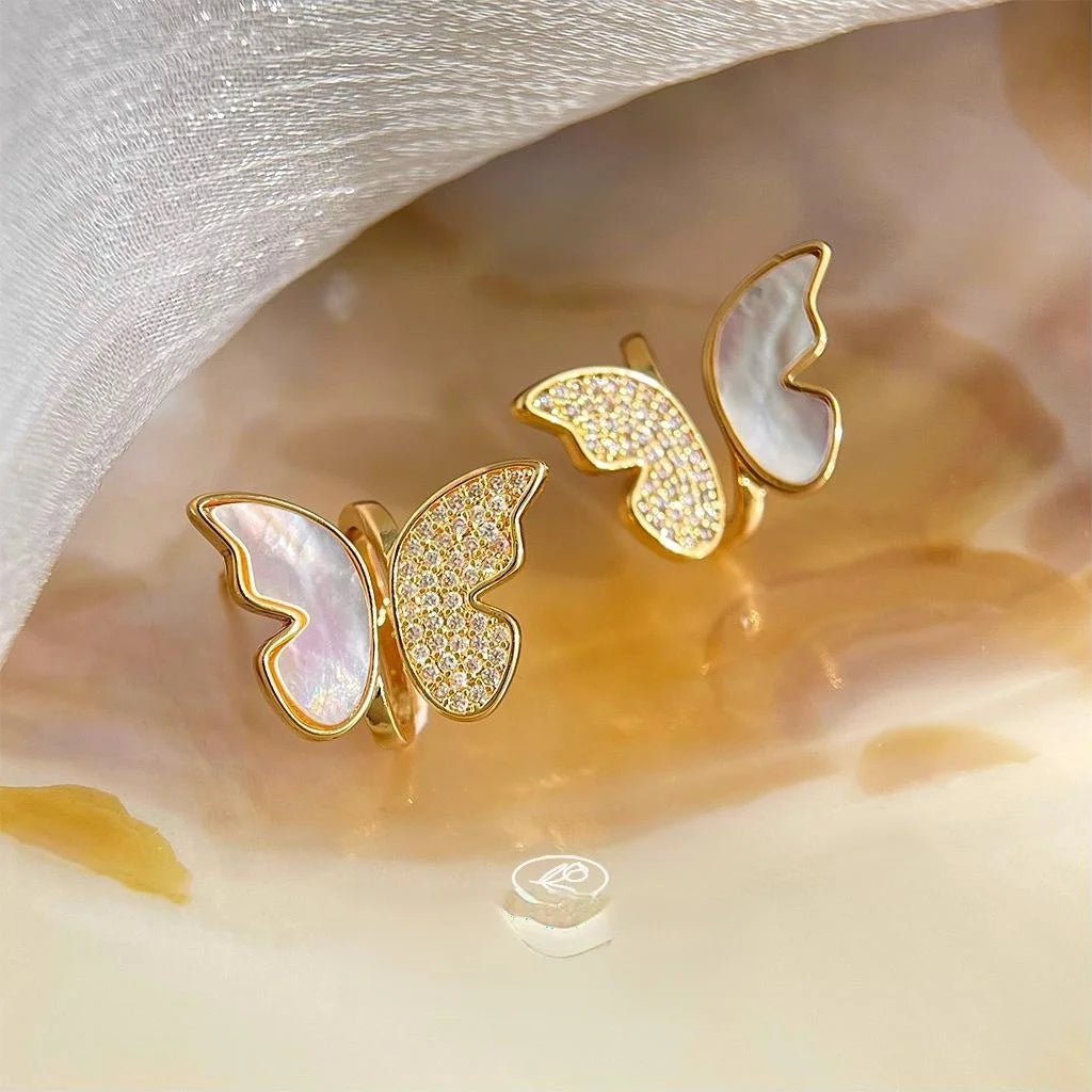 14K Gold Plated Copper Real Shell Butterfly Stud Earrings With Micro Pave Zircon Sweet Elegant Jewelry