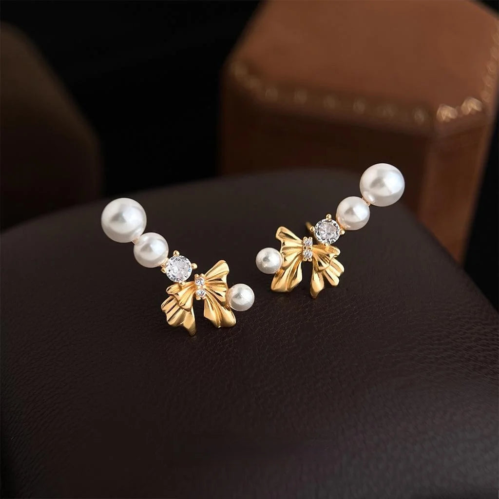 French Vintage Bow High Luster Pearl Drop Earrings With Zircon Inlaid Copper