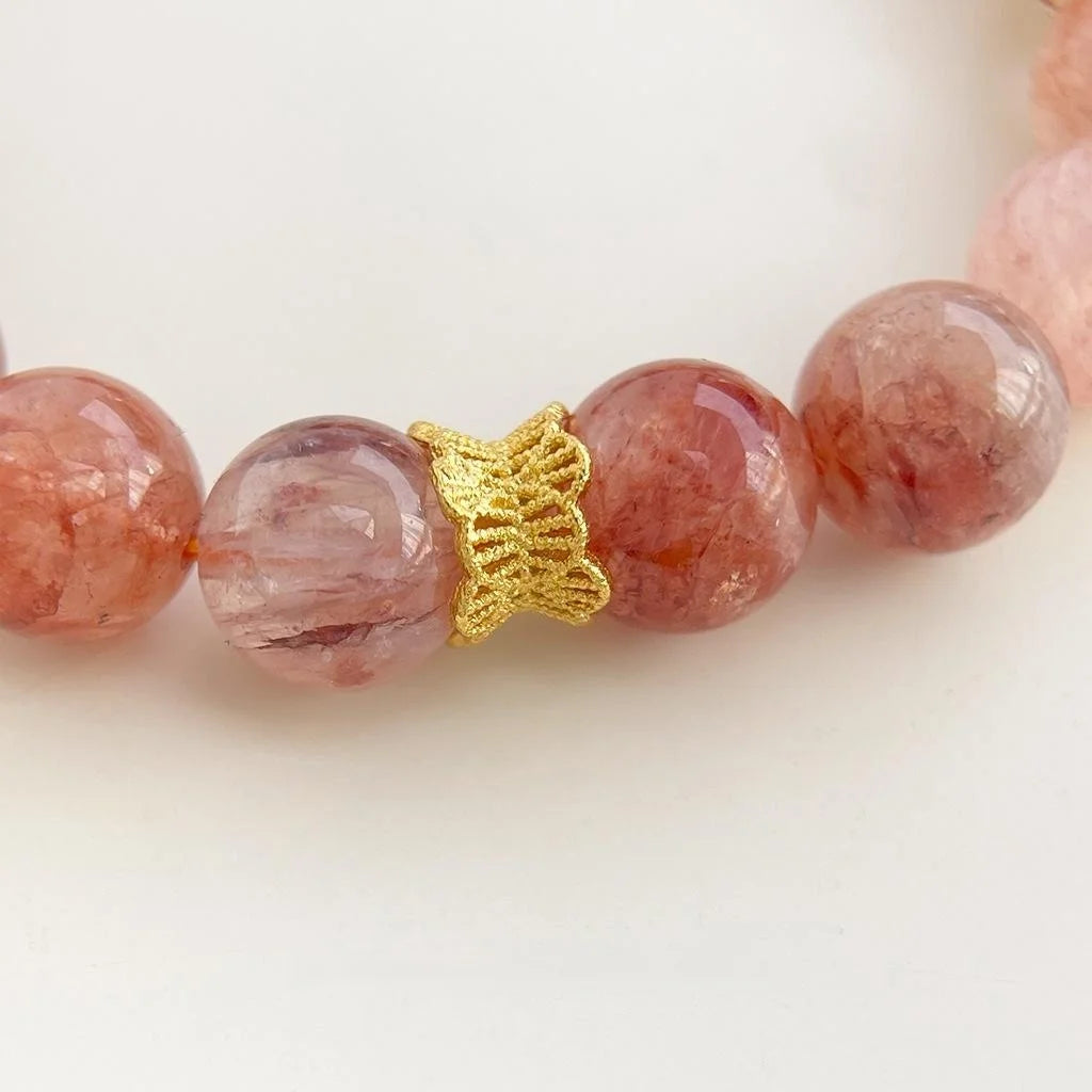 Natural Red Garden Quartz Crystal Beaded Bracelet Light Luxury Geometric Round Stone Jewelry