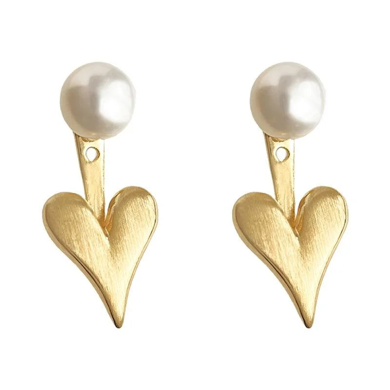 14K Plated Copper Heart Drop Earrings With Freshwater Pearl And Brushed Finish