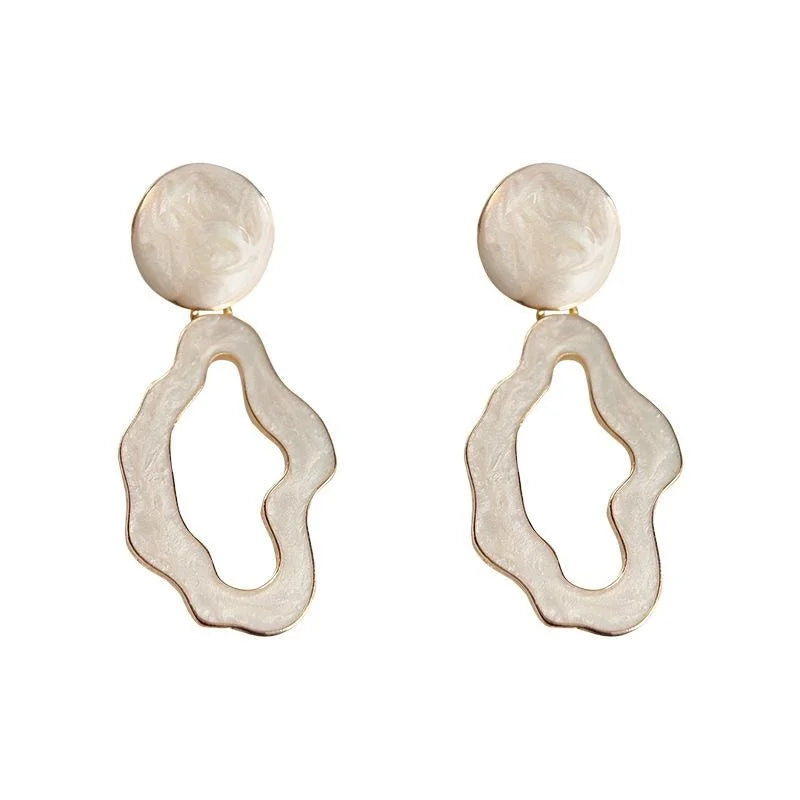 French Vintage Irregular Cream White Hollow Geometric Copper Drop Earrings