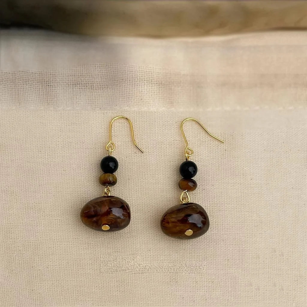 Vintage Chinese Style Dark Brown Tiger Eye Stone Geometric Round Oval Handmade Drop Earrings