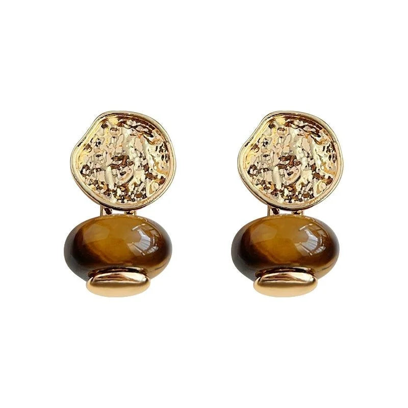 Vintage Geometric Oval Tiger Eye Stone Drop Earrings With 14K Plated
