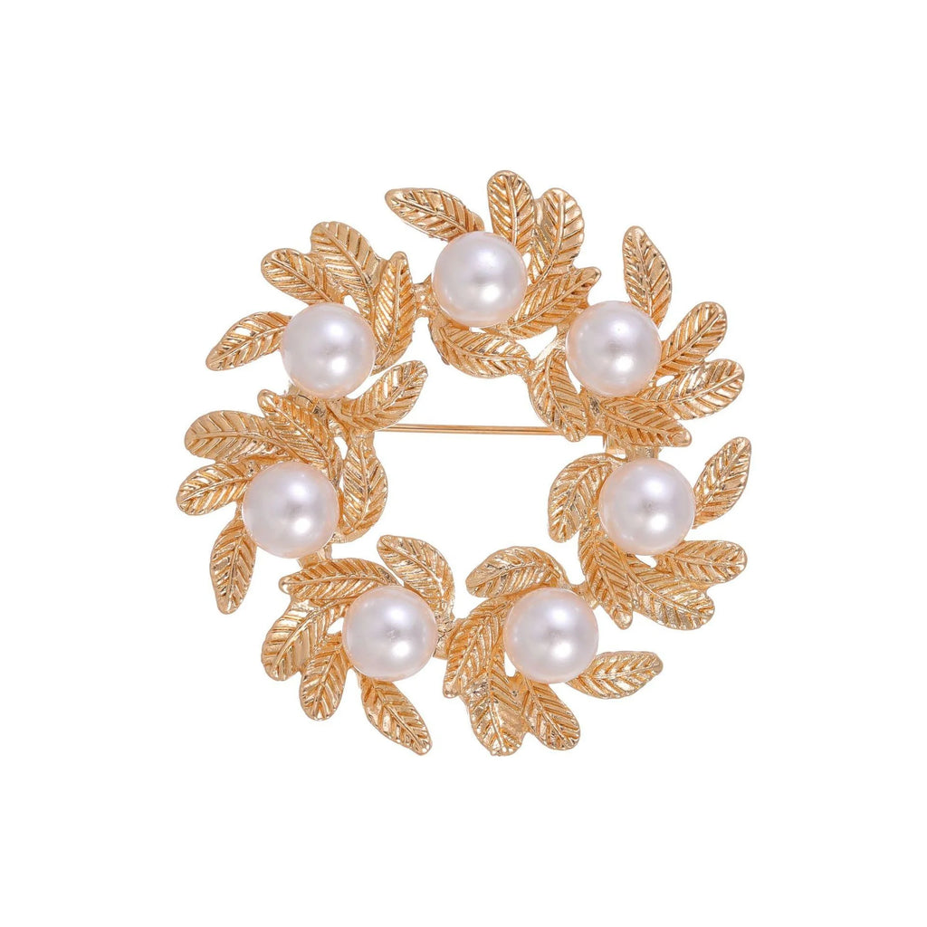 Elegant Gold Alloy Leaf Wreath Brooch With Faux Pearl Accents, Women's Lapel Pin Suit Accessory Gift