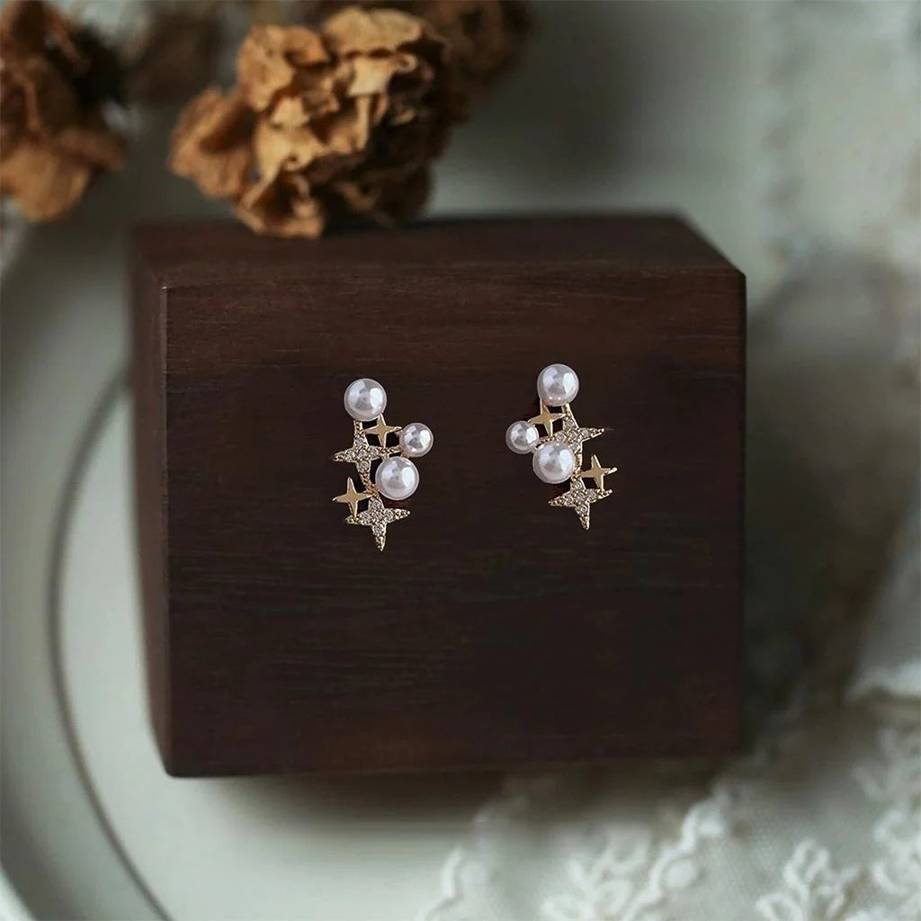 Light Luxury Copper Micro Pave Zircon Star Stud Earrings With High Luster Pearl Geometric Design