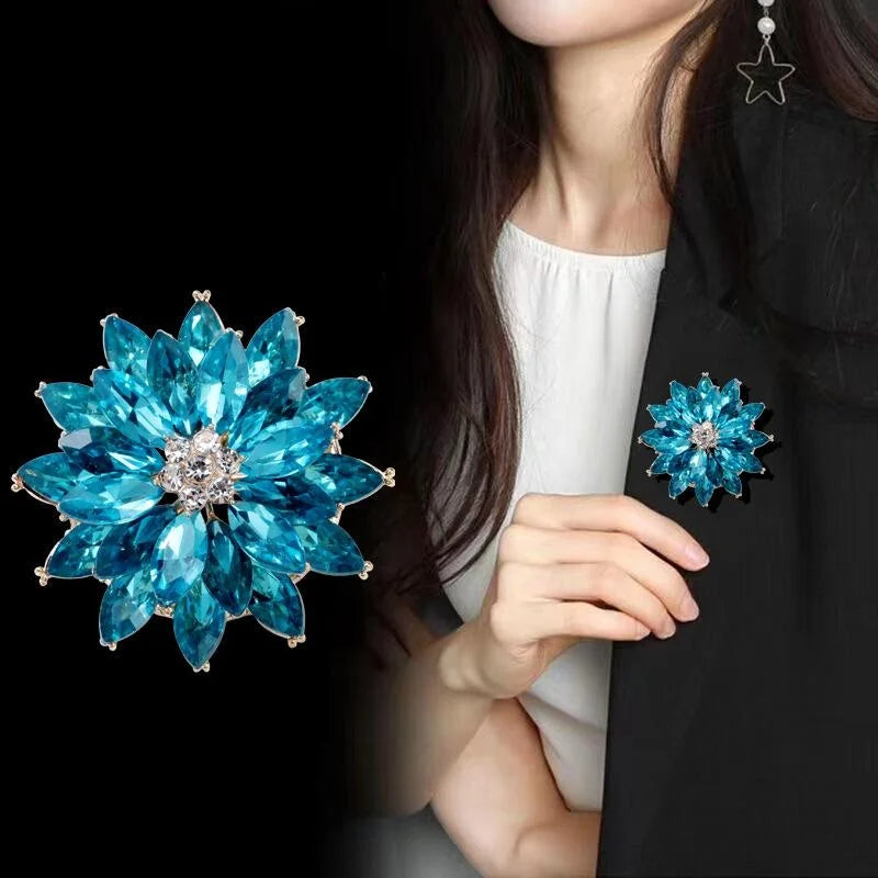 Luxury Blue Crystal Rhinestone Snow Lotus Flower Brooch, Elegant Layered Lapel Pin Corsage Suit Accessory Gift