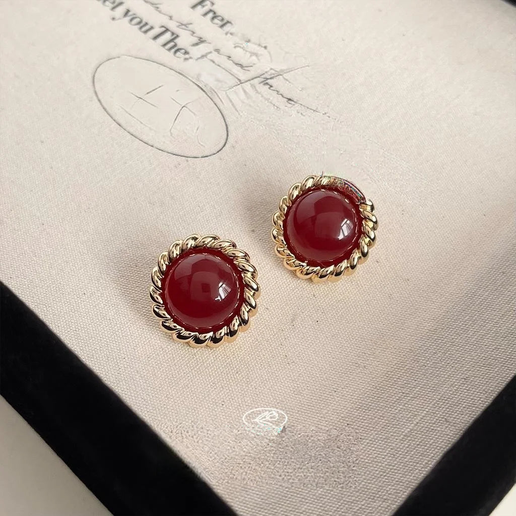Vintage Red Round Copper Stud Earrings, French Palace Geometric Elegant Style