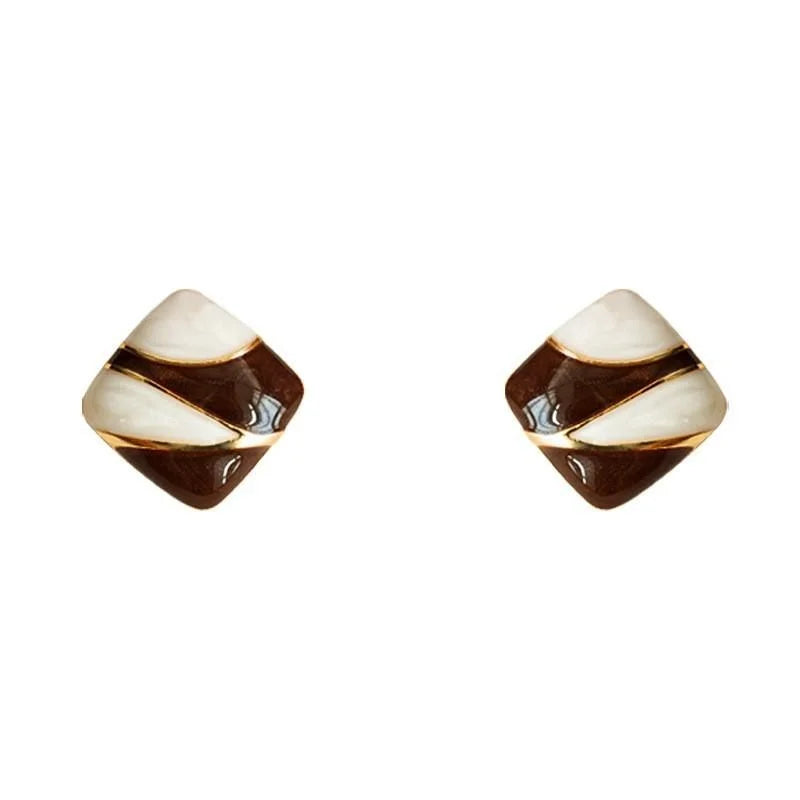 Hong Kong Style Retro Geometric Square Enamel Copper Stud Earrings, Burgundy White Contrast