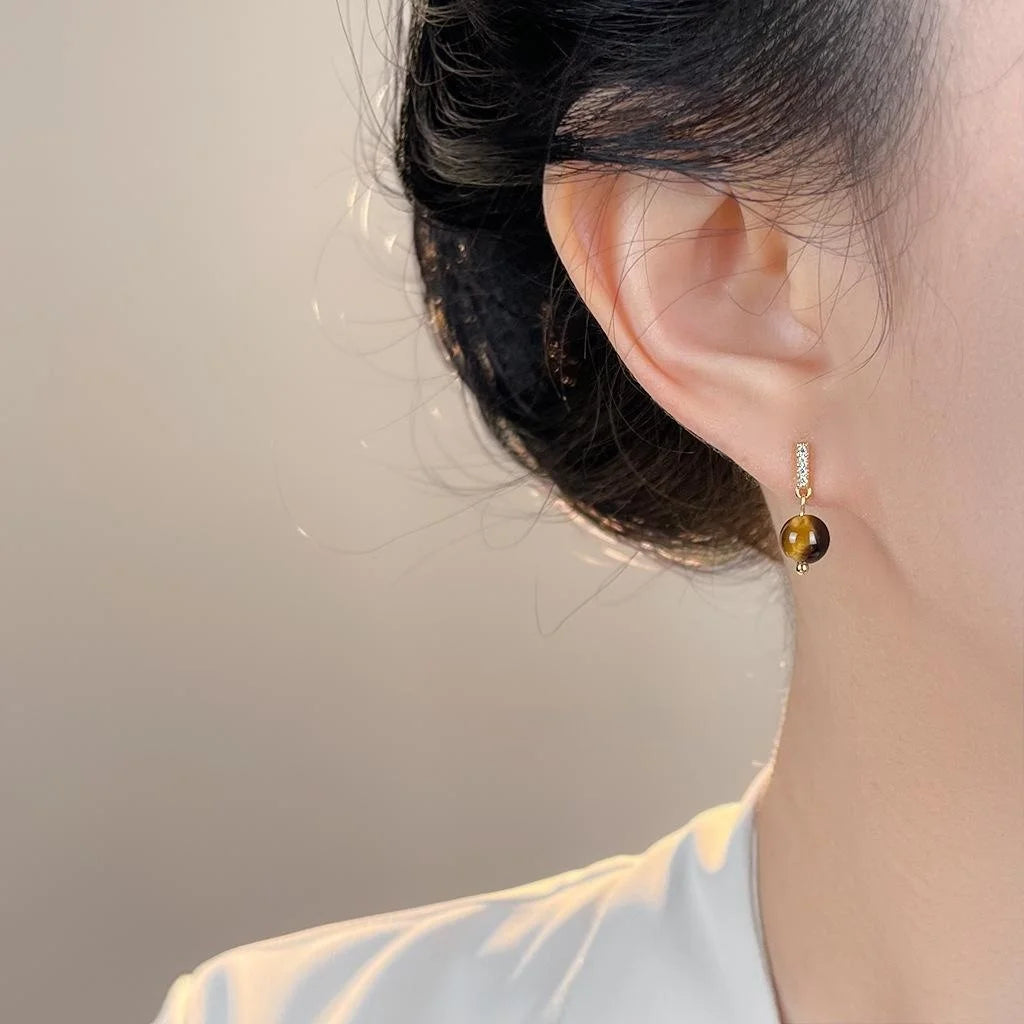 Maillard Style Tiger Eye Zircon Micro Pave Round Geometric Copper Drop Earrings