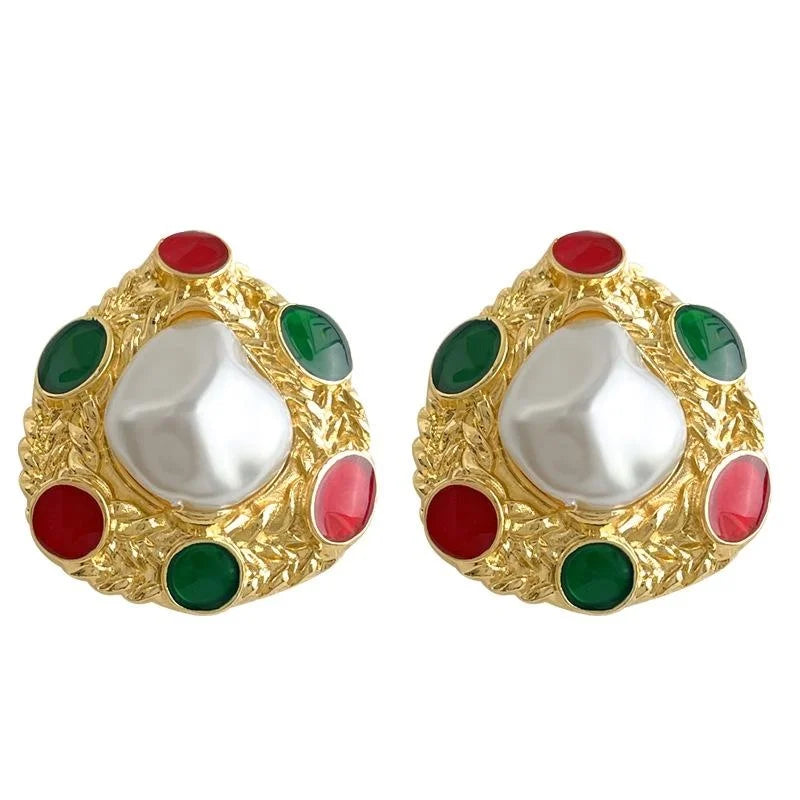 Oversized French Vintage Copper Pearl Drop Earrings Handmade Enamel Irregular Geometric Design