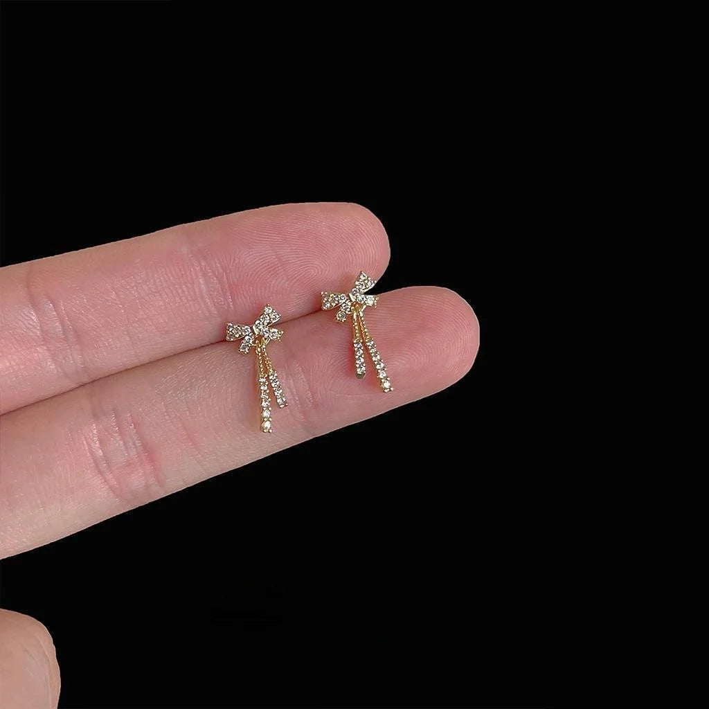 Mini 14K Gold Plated Copper Bow Stud Earrings With Micro Pave Zircon Simple Style