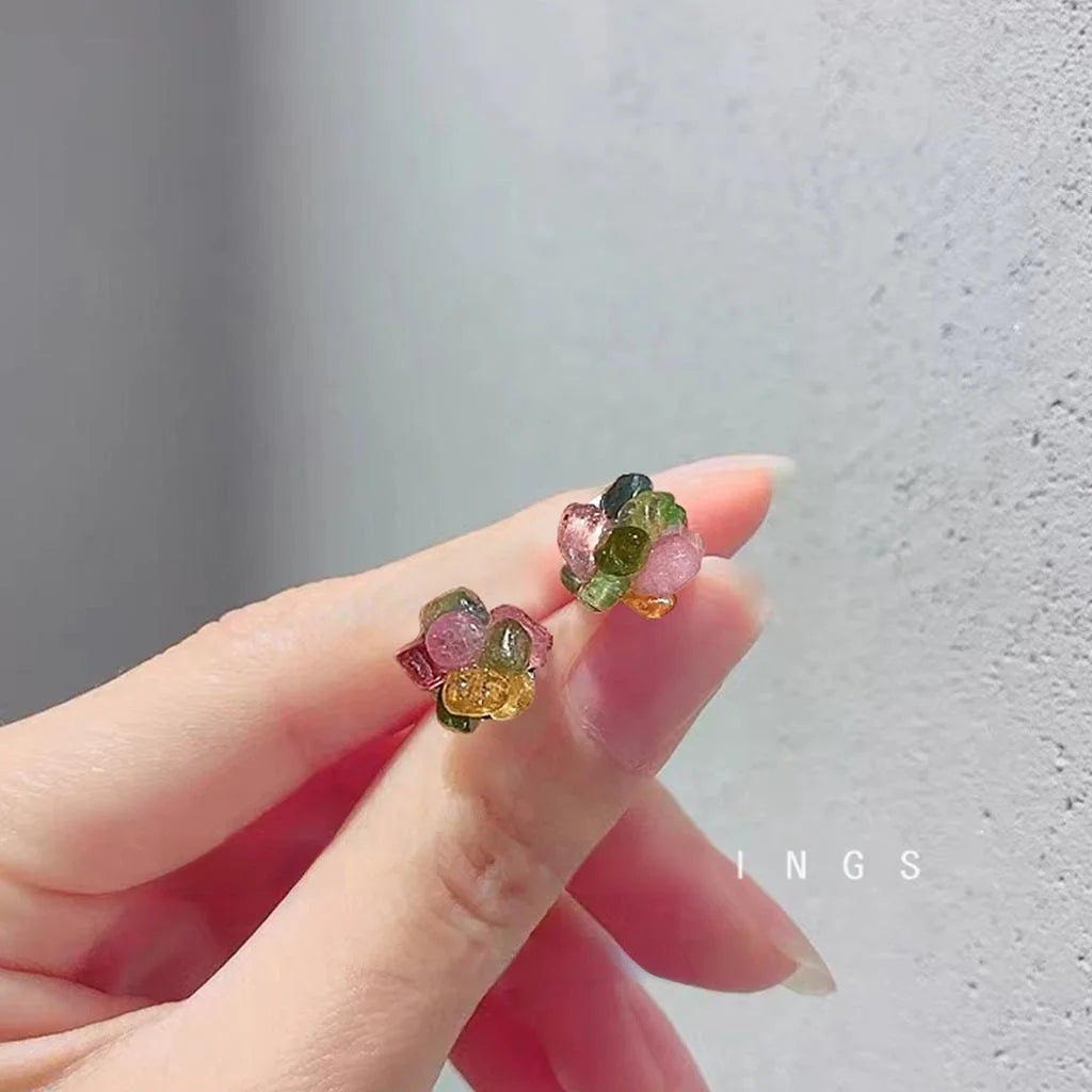 Natural Tourmaline Chip Stud Earrings Silver Plated Irregular Geometric Sweet Minimalist Jewelry