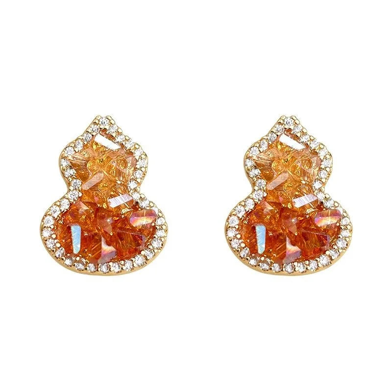 Orange Gradient Champagne Crystal Gourd Stud Earrings With Zircon Micro Pave