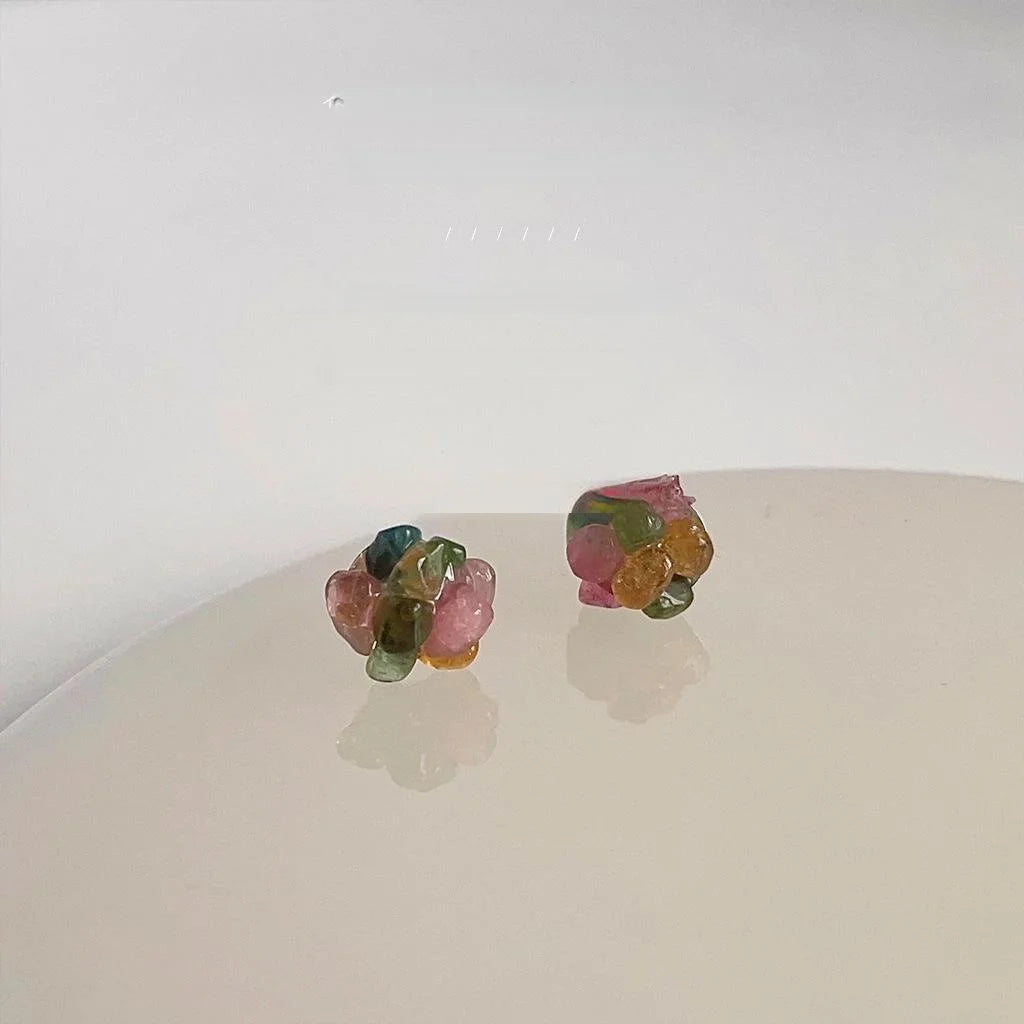 Natural Tourmaline Chip Stud Earrings Silver Plated Irregular Geometric Sweet Minimalist Jewelry