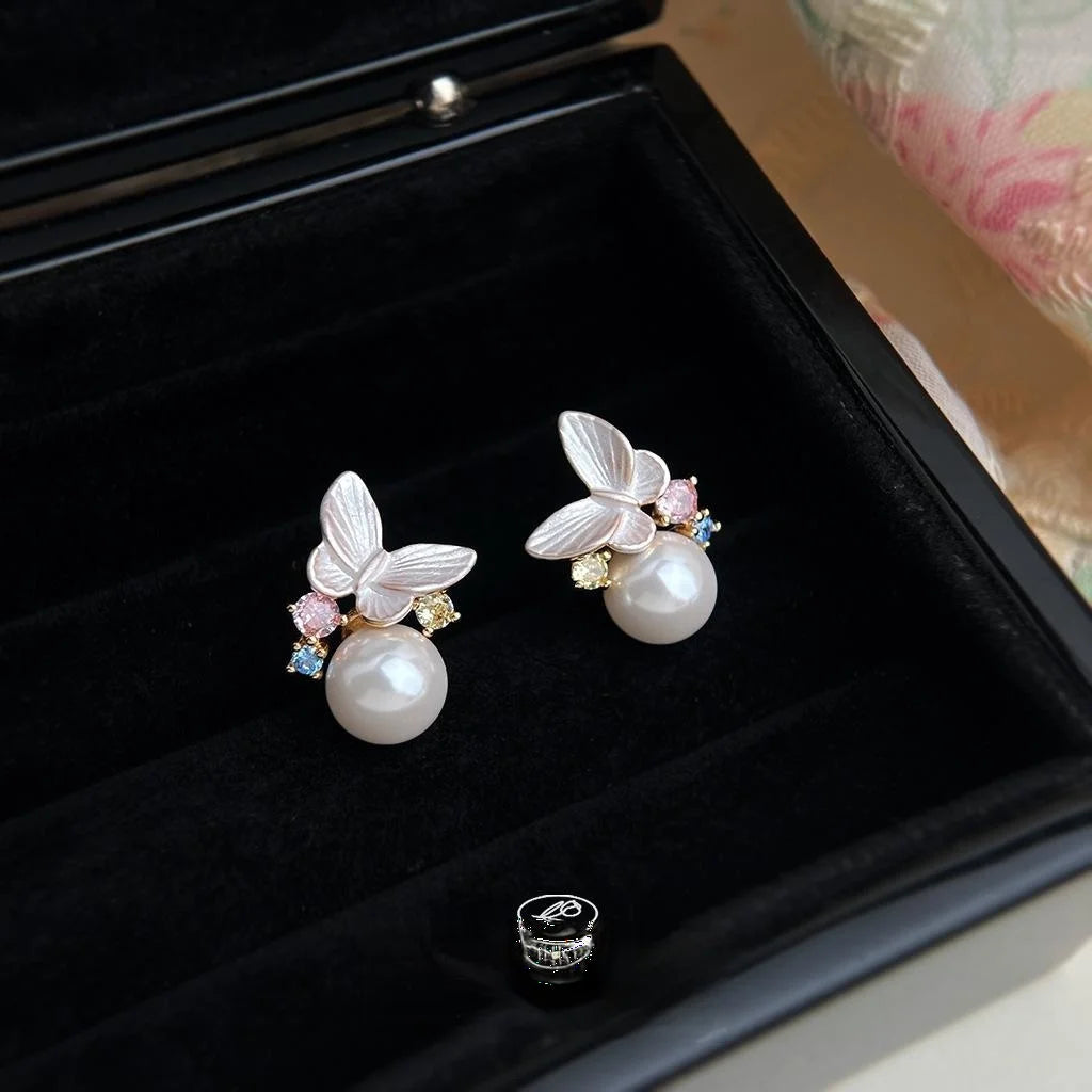 Sweet Butterfly Drop Earrings For Women Copper Glass Pearl Micro Pave Colorful Zircon Summer Jewelry