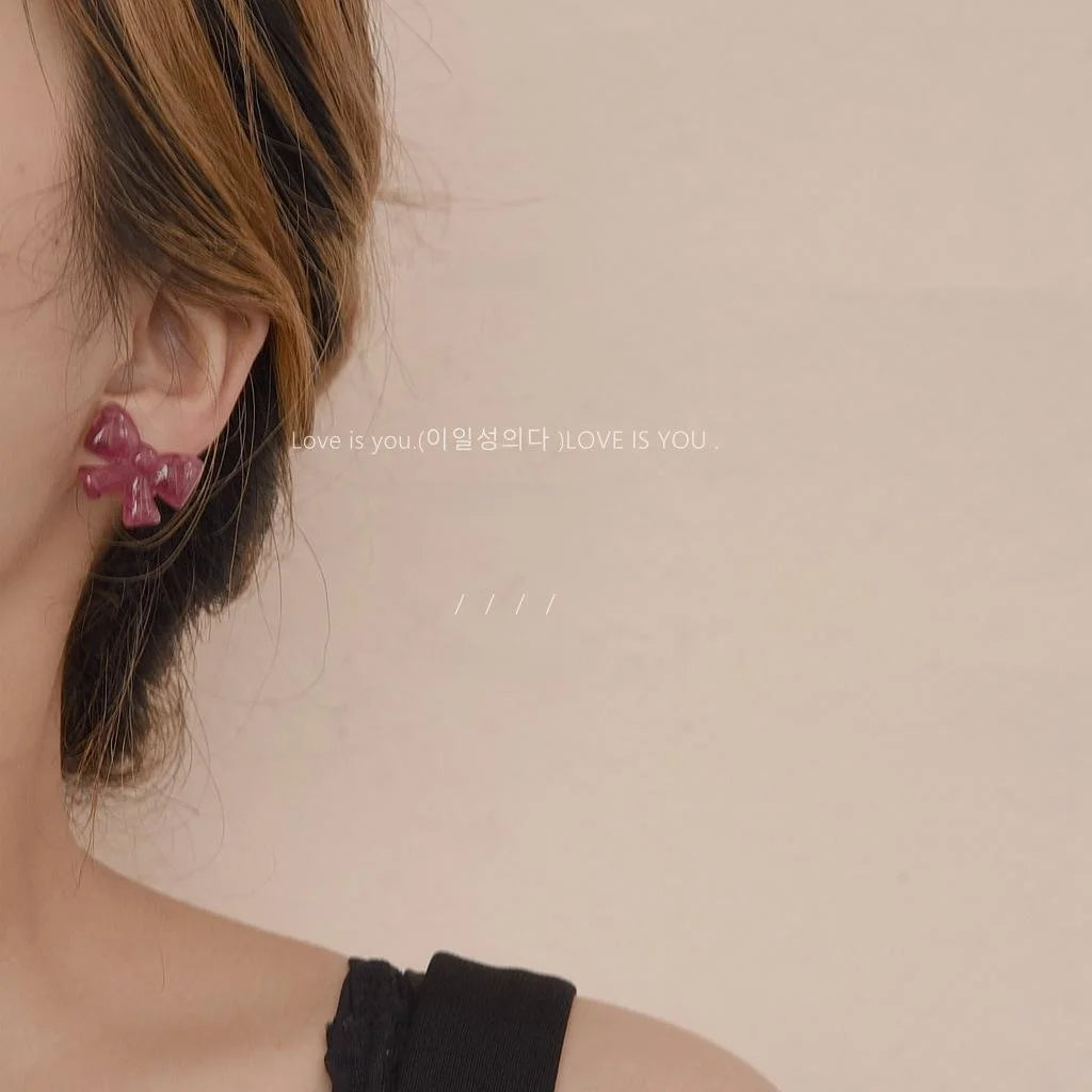 Fresh Sweet Resin Bow Stud Earrings With Silver Plated Pins Korean Japanese Cute Jewelry