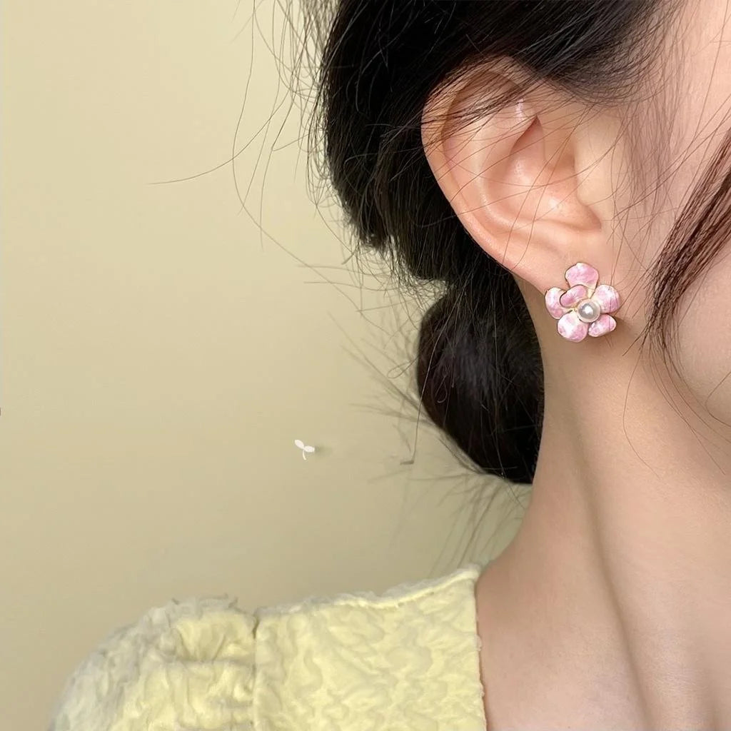 Sweet Pink Gradient Enamel Flower Stud Earrings 14K Plated Copper Elegant Floral Jewelry