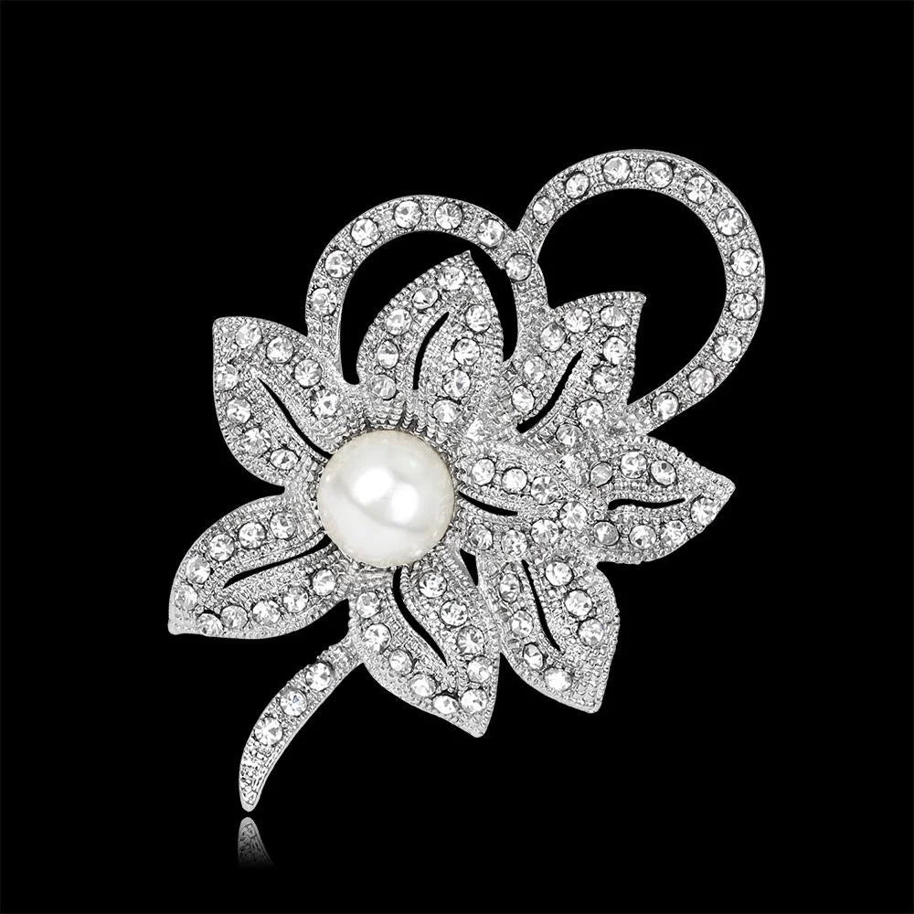 Elegant Rhinestone Pearl Flower Alloy Brooch For Women, Luxury Lapel Pin Corsage Suit Accessory Gift