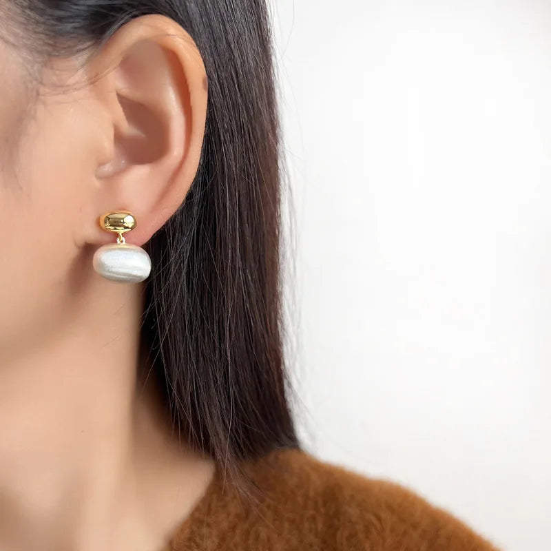 Elegant Gold Silver Two Tone Alloy Oval Bean Metal Ball Spiral Stud & Clip On No Piercing Dangle Drop Earrings
