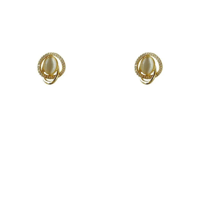 Moonlight White Cat Eye Zircon Stud Earrings 14K Plated Copper Geometric Round Luxury Jewelry