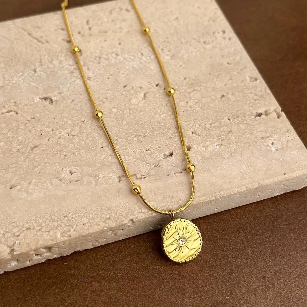 Vintage French 18K Gold Plated Stainless Steel Star Geometric Round Layering Clavicle Necklace