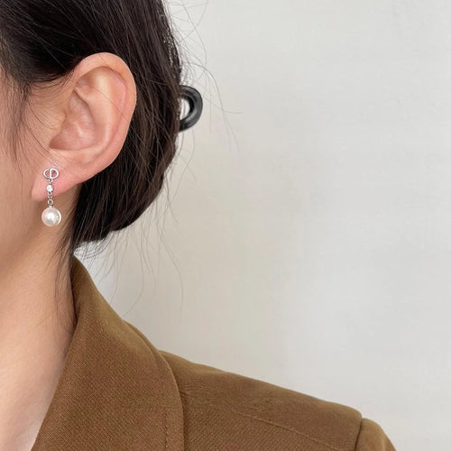 Light Luxury Copper Glass Pearl Micro Pave Zircon Geometric Chain Drop Earrings