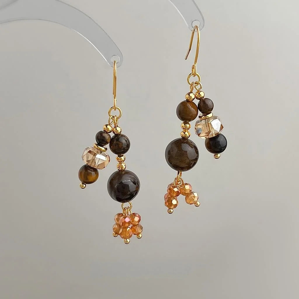 Vintage Maillard Copper Tiger Eye Stone Glass Crystal Tassel Drop Earrings