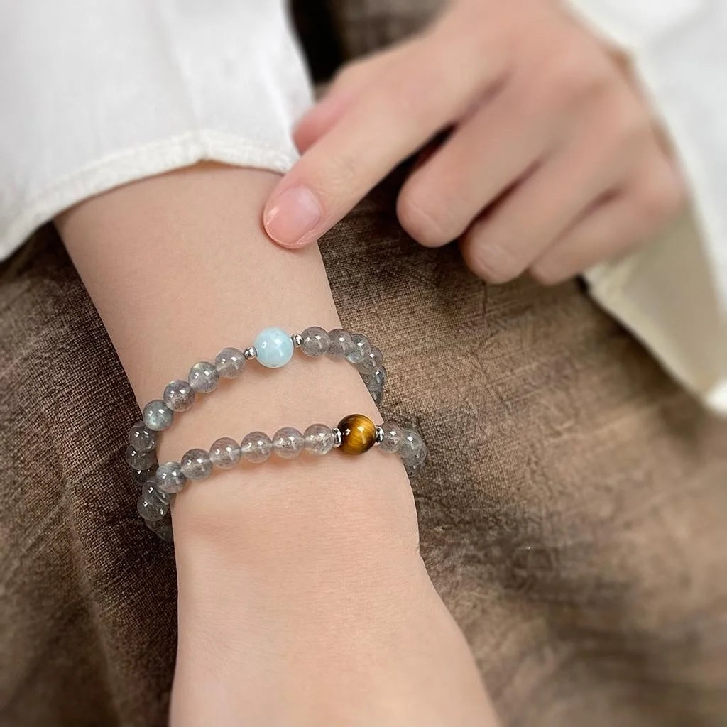 A++ Blue Moonstone Natural Stone Crystal Bracelet With Tiger Eye Aquamarine New Chinese Geometric Design