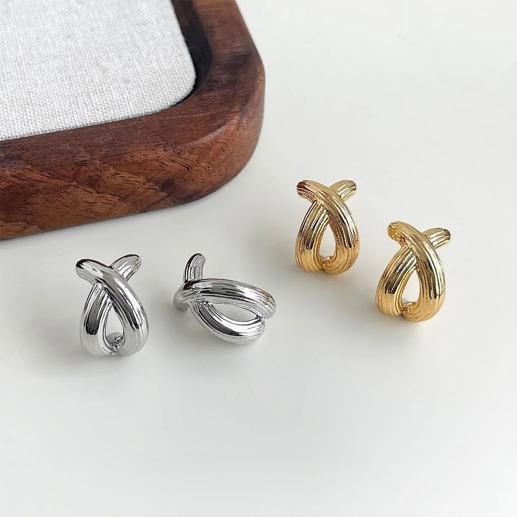 Textured Copper Geometric Cross Arc Fishtail Stud Earrings
