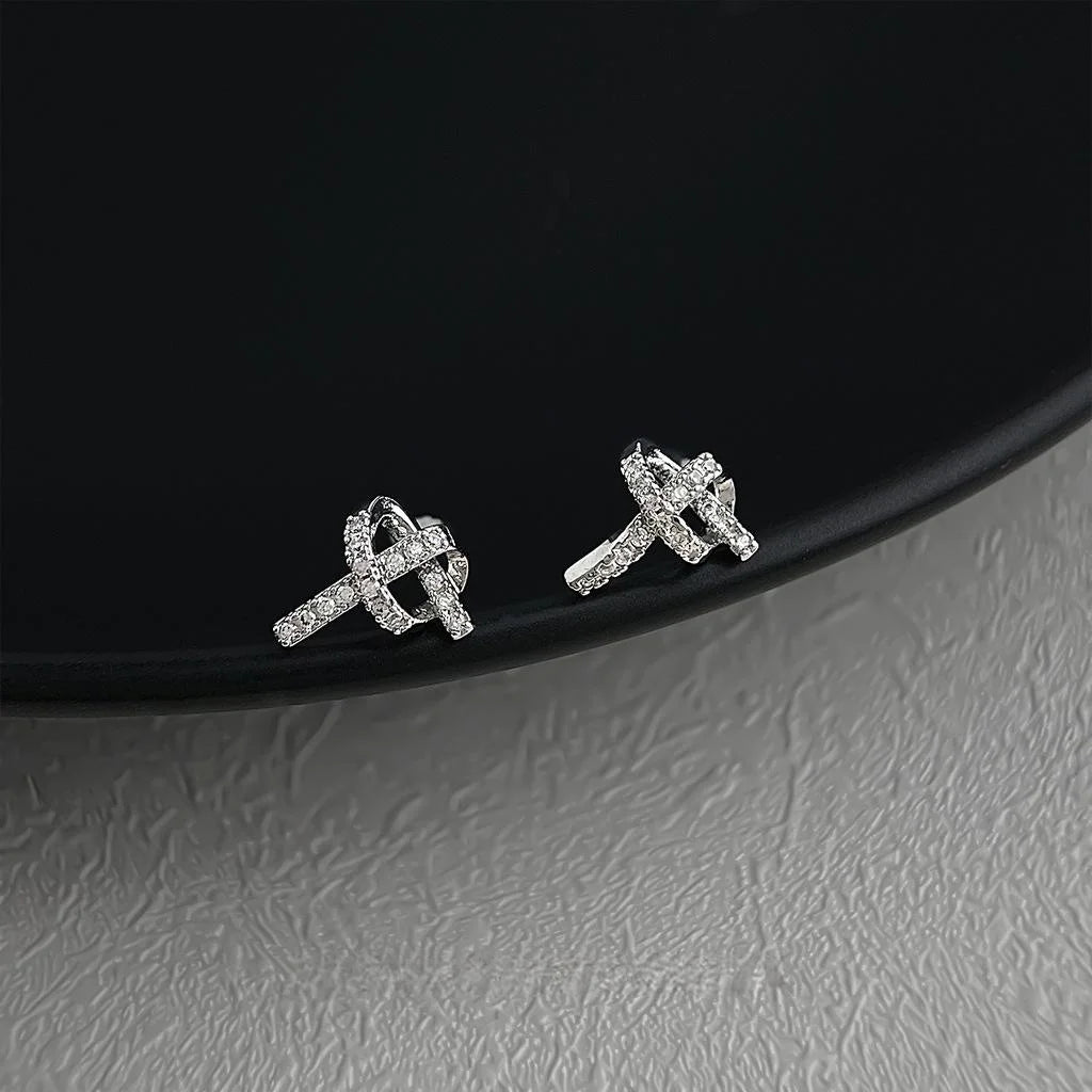 Copper Micro Pave Zircon Silver Plated Rope Knot Stud Earrings Irregular Geometric Chic Jewelry
