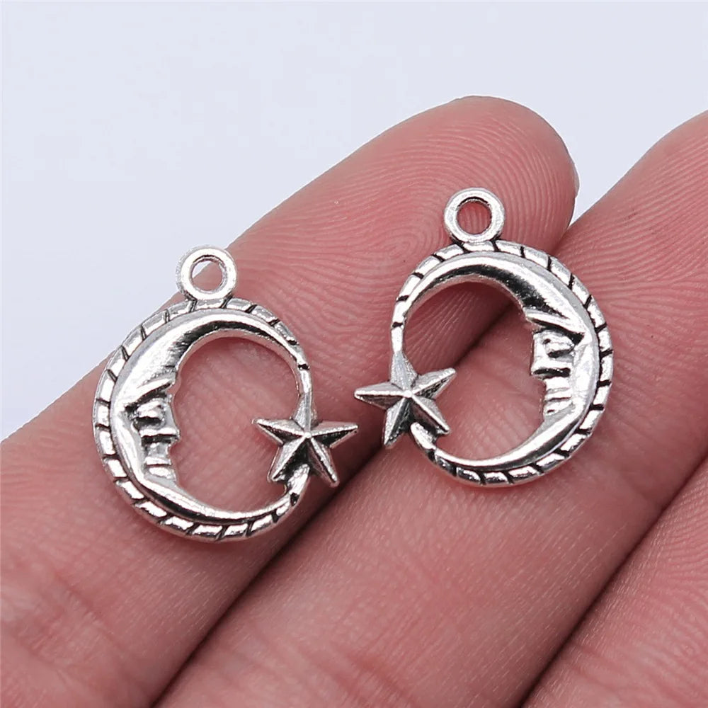 19x16mm 1.3g Antique Silver Zinc Alloy Star Moon Charm Pendant for DIY Necklace Bracelet Making