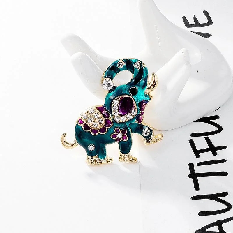 Elegant Ethnic Elephant Brooch With Teal Enamel And Rhinestone Alloy Lapel Pin Corsage Suit Accessory Gift