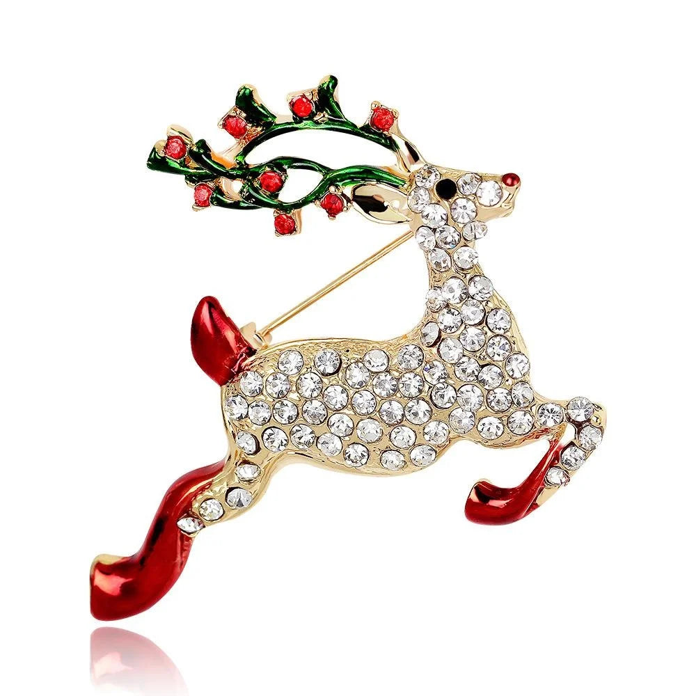 Luxury Christmas Reindeer Rhinestone Enamel Alloy Brooch, Elegant Deer Lapel Pin Corsage Suit Accessory Gift