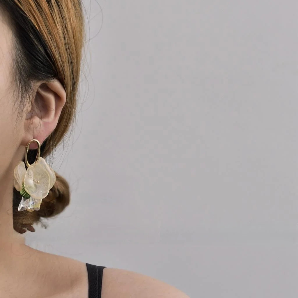14K Plated Lightweight Acrylic Sheer Gauze Flower Drop Earrings For Women Vintage Forest Style