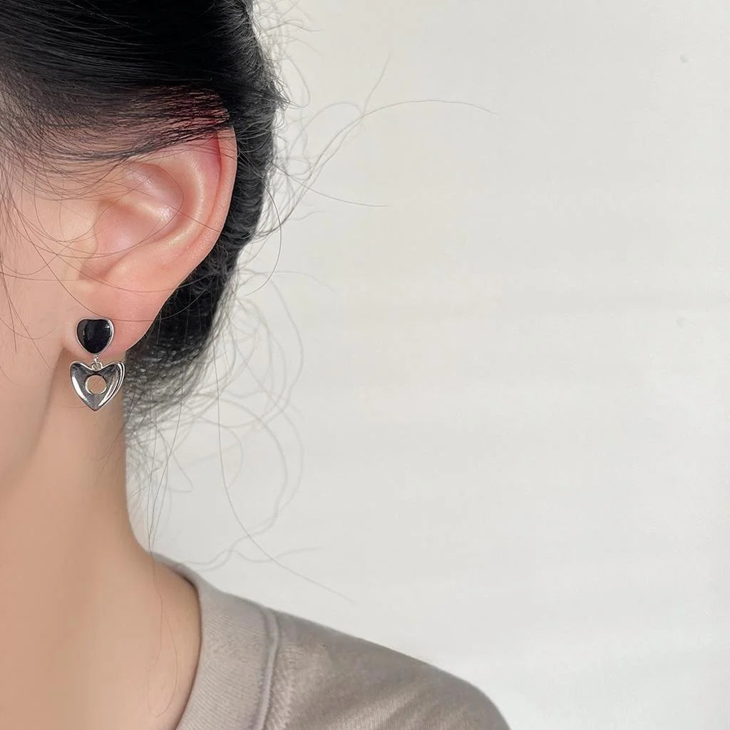 Sweet Cool Black Enamel Hollow Heart Copper Drop Earrings For Women