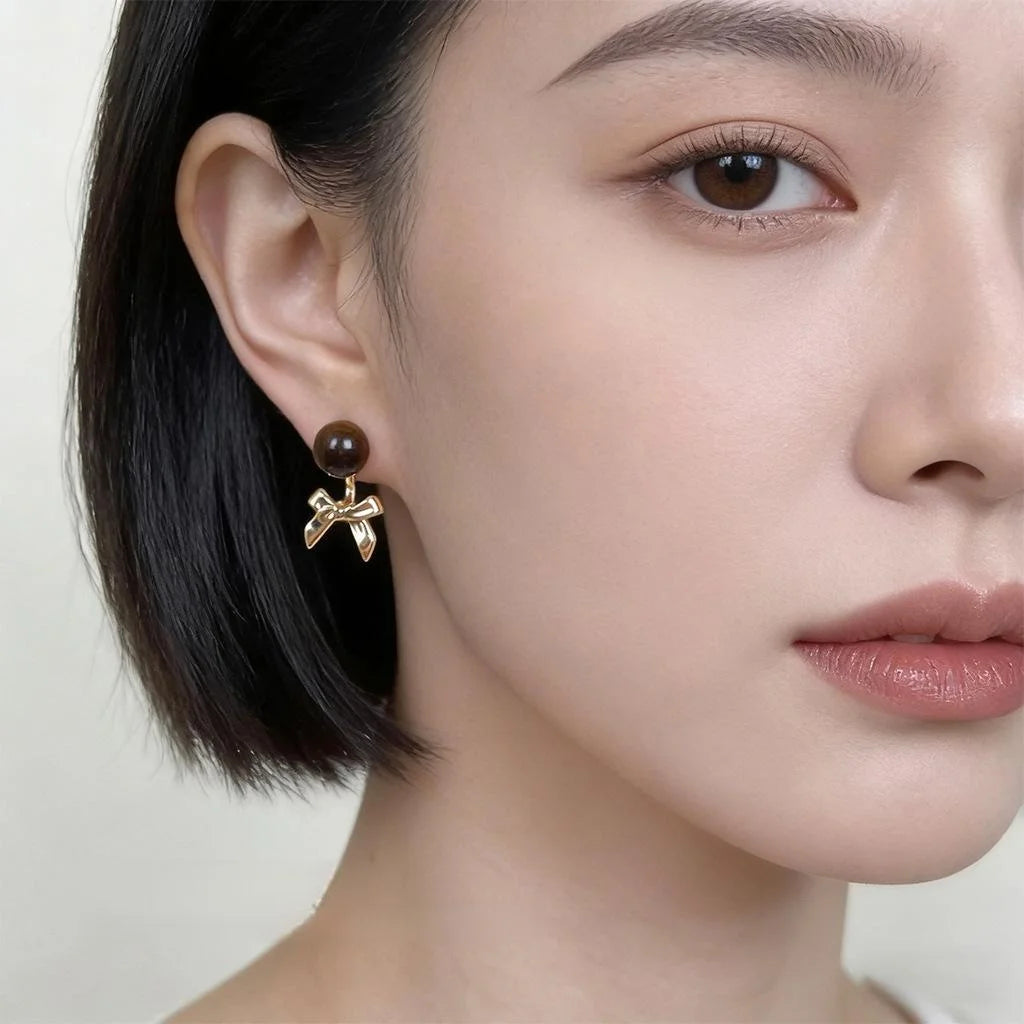 Two Way Maillard Style Natural Tiger Eye Bow Drop Earrings Copper Geometric Jewelry