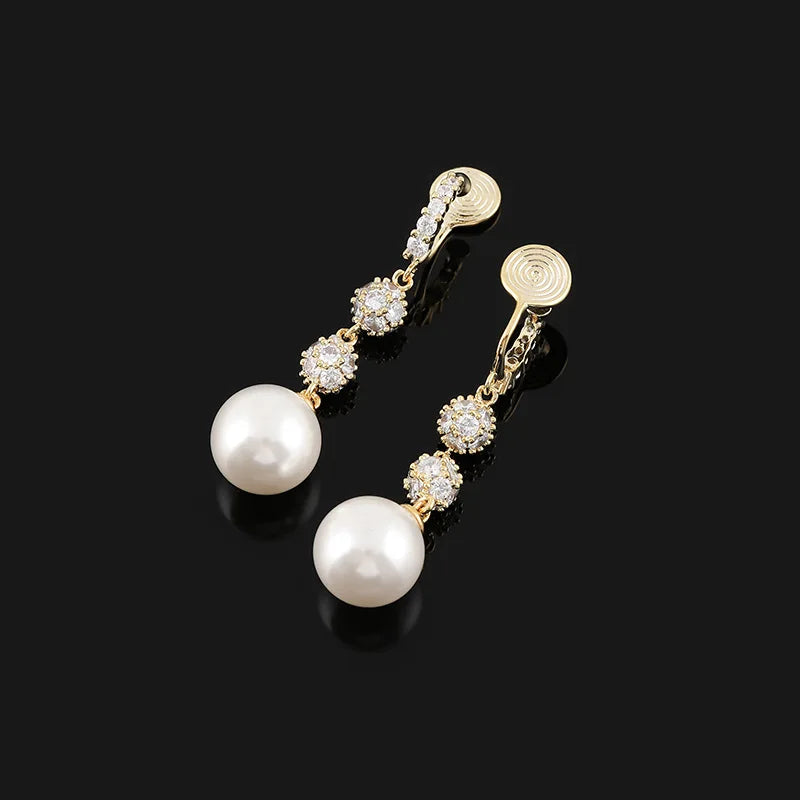 Elegant Zircon Pave Spiral Disc Pearl Drop Stud & Clip On No Piercing Long Dangle Earrings