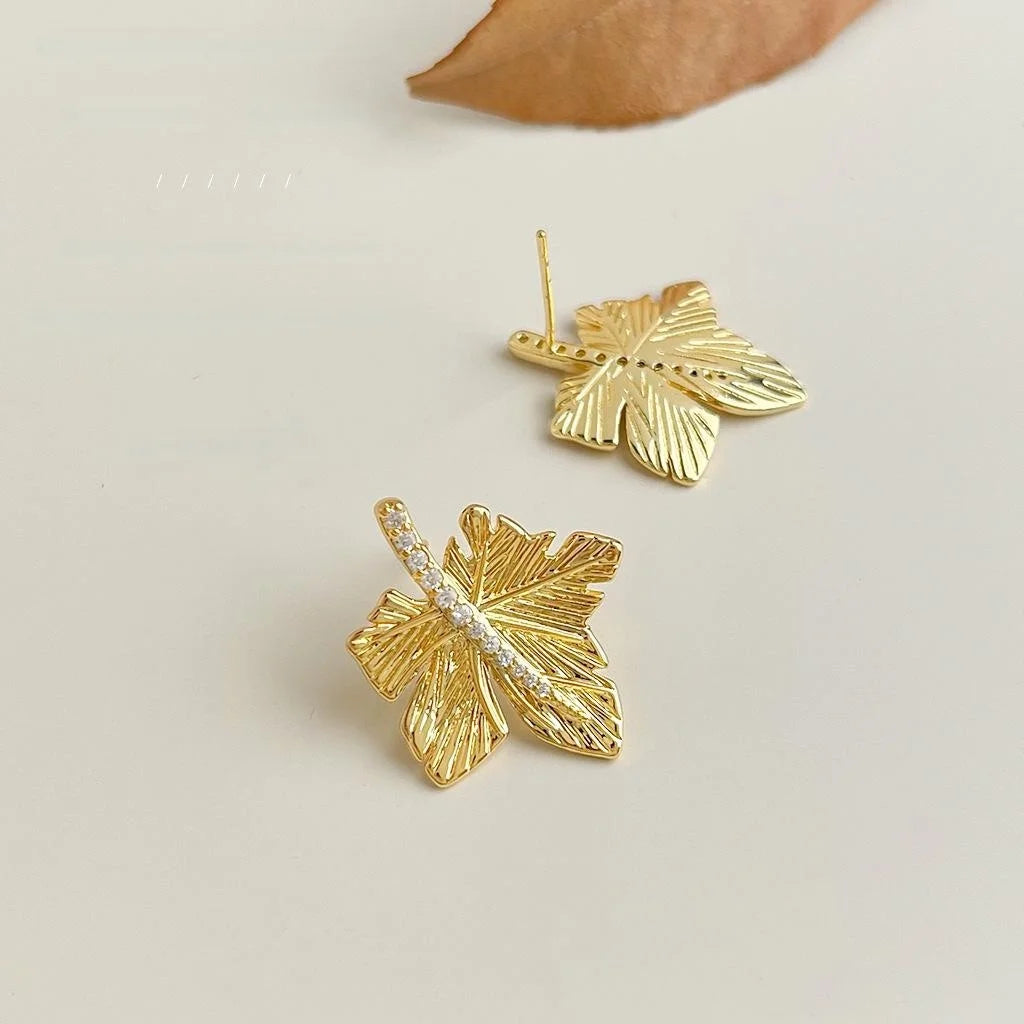 Original Design 18K Gold Plated Zircon Maple Leaf Drop Earrings