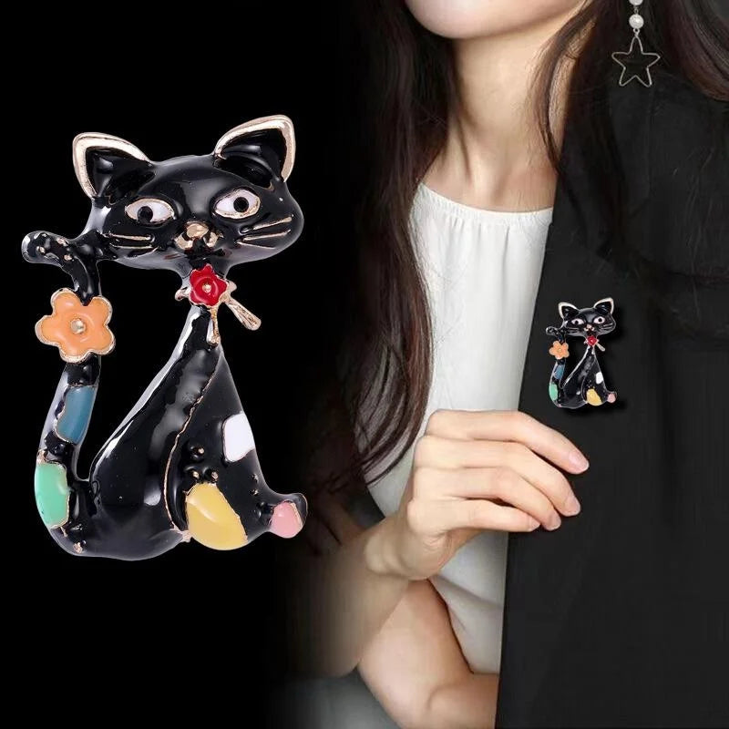 Cute Enamel Alloy White Cat Brooch With Rhinestone Accents, Cartoon Animal Lapel Pin Corsage Gift
