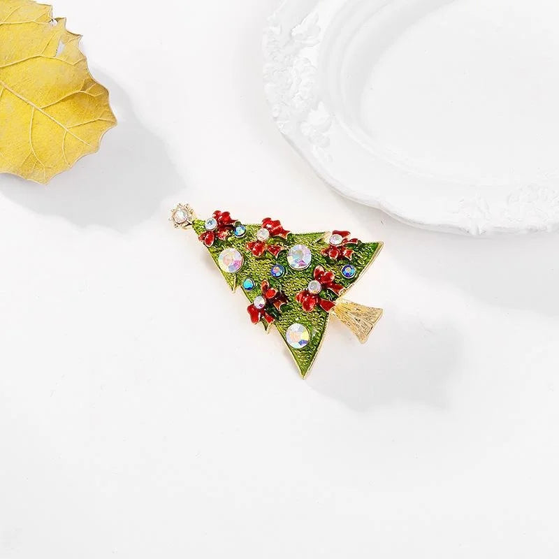 Elegant Christmas Tree Brooch With Green Enamel And Rhinestones, Alloy Lapel Pin Corsage Gift
