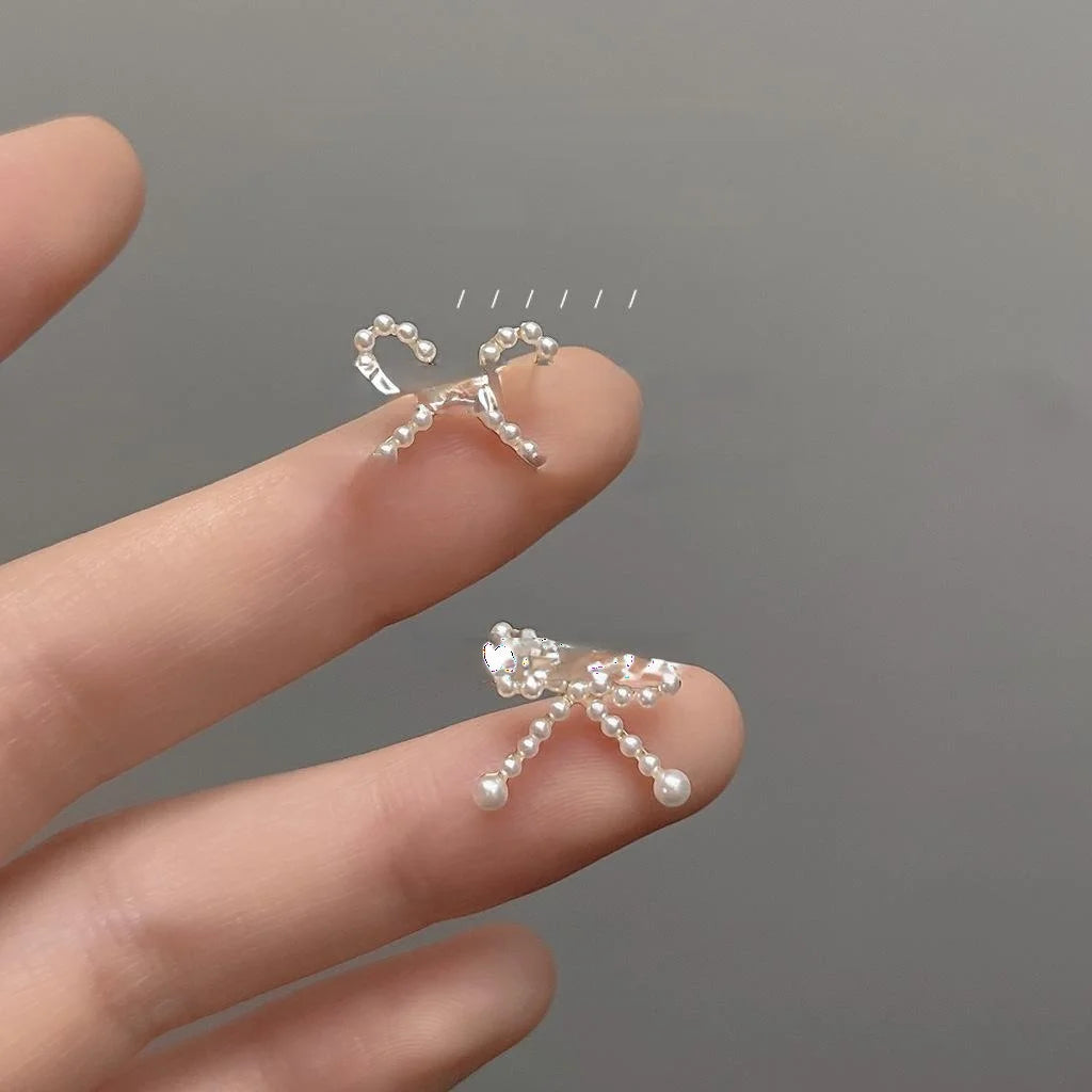 14K Plated Copper Mini Pearl Bow Stud Earrings For Women Cute Lolita Style Jewelry